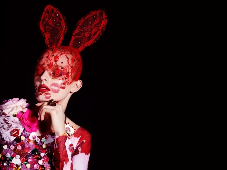 Happy Easter! - ears, fashion, girl, bunny, jewel, easter, blackred, woman, model, card