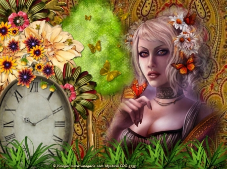 ᗰᗩᗪᗩᗰ ᗷᑌTTᕮᖇᖴᒪY - Woman, Clock, Flowers, Nature, Butterflies, Tree, Abstract, flowers, Grass, Fantasy