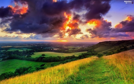 Fiery Sunrise in Chile - sky, fields, landscape, clouds