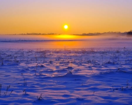 Horizon Sunset - horizon, nature, snow, sunset, field, grass