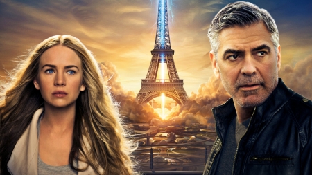 Tomorrowland (2015) - actor, towwer eiffel, Britt Robertson, poster, girl, man, tomorrowland, actress, George Clooney, fantasy, movie, disney