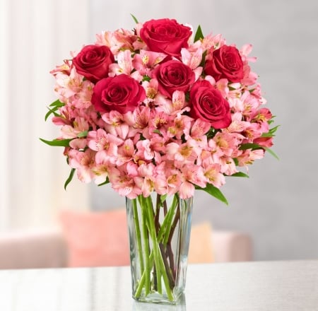 Flowers - vase, red, rose, flower, bouquet, pink, glass