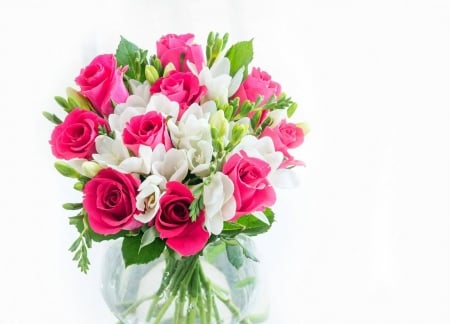 Roses and freesias - white, card, flower, rose, pink, bouquet, freesia, vase