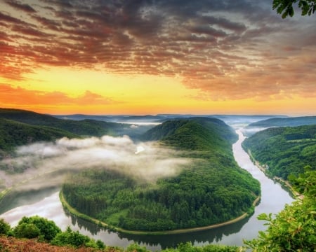 Meandro del Sarre, Germany - nature, sky, lake, trees, clouds, fog, island