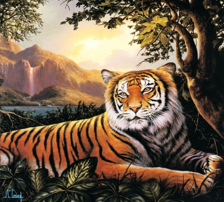 The Tiger - waterfall, resting, predator, landscape, mountains, tree, stripes