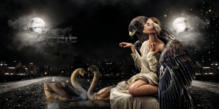 ONCE UPON A TIME - MOON, BIRDS, SWANS, SKY, FEMALE, NIGHT, EAGLE