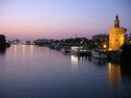 Sevilla Lake,Spain - nature, spain, lights, lake, night, castle