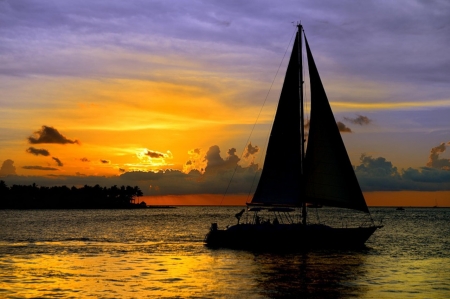 Sailing Boat at Sunset - clouds, sunset, nature, sailboat, sea