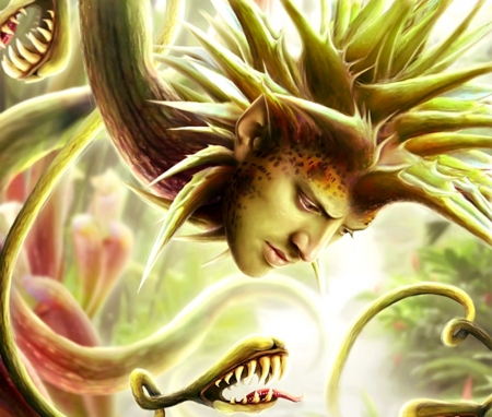 Predator - varla-art, flower, pink, man, carnivorous, fantasy, green, predator, luminos