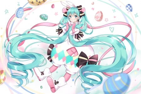 Hatsune Miku - anime, vocaloid, blue, girl, pink, easter, manga, white, miku, hatsune, mamemena, egg