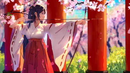 Archer - anime, archer, blossom, girl, spring, kimono, flower, pink, arrow, manga, haraguroi you, red, asian