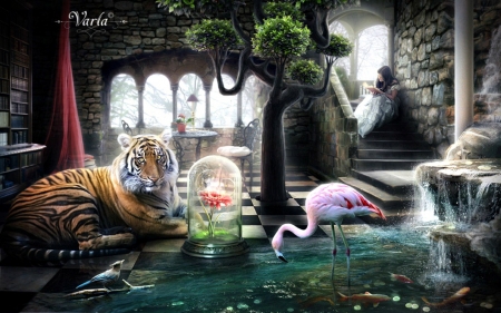 A secret place - flamingo, girl, varla-art, fantasy, creative, pasare, bird, pink, animal, green, tree, tiger, flower