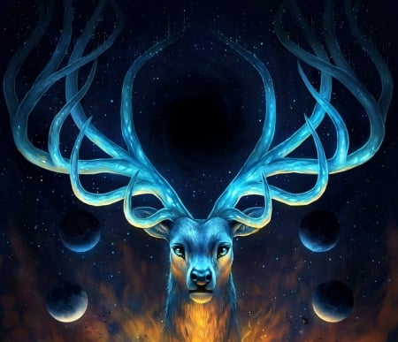 Celestial - celestial, deer, jojoesart, black, fantasy, horns, art, luminos, blue, planet