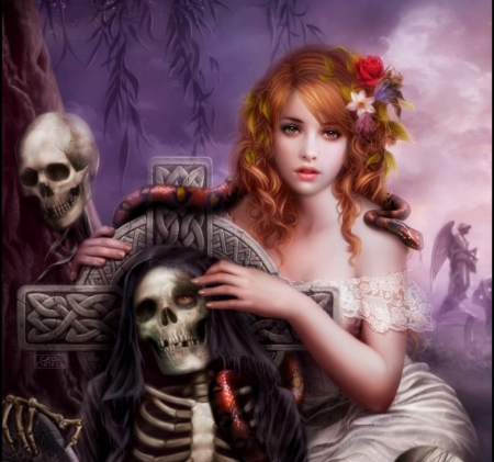 Death day - skull, death, girl, frumusete, black, fantasy, art, purple, dark, hand, luminos, snake, skeleton, cris ortega, flower