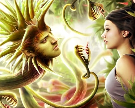 Carnivorous - predator, girl, couple, varla-art, fantasy, art, pink, luminos, green, carnivorous, flower