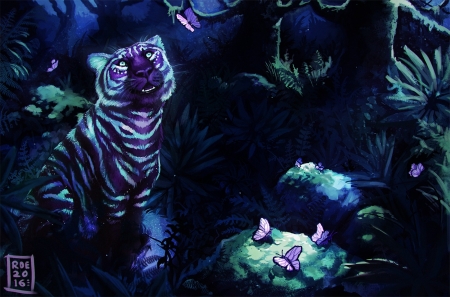 Lunar forest - fantasy, butterfly, purple, dark, monrroe, blue, luminos, jungle, green, animal, tiger, lunar forest