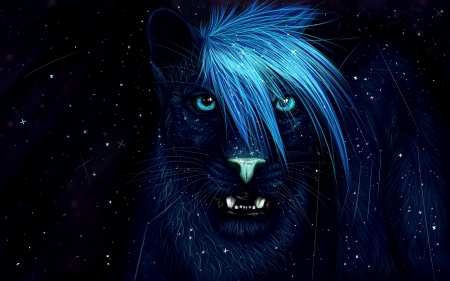 Father of the Universe - stars, eyes, gaya-arts, father of the universe, black, fantasy, art, luminos, blue, tiger