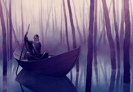 What aboat that - fantasy, water, purple, boat, littleulvar, man, luminos