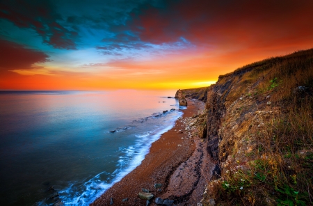 High above Chemical Beach - summer, amazing, beach, high, beautiful, sea, ocean, shore, sunset, view, above, chemical, waves, fiery, sky, rocks