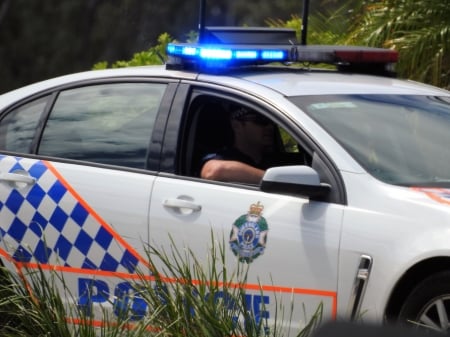 Qld Australian  Police - brisbane, queensland, day, blue and white, floods 31 03 2017, water, cyclone debbie, waiting, police, police officer in police car, jimboomba, australia