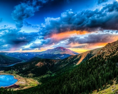 Lake Mountain - nature, lake, landscape, trees, mountain, clouds, sunset