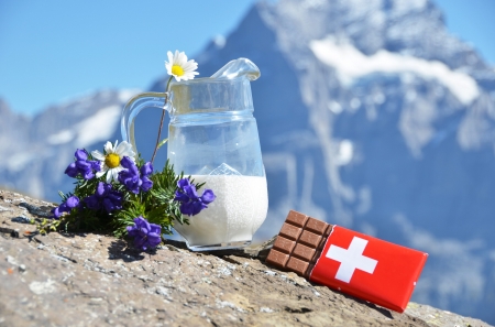 swiss chocolate - milk, chocolate, flower, mountain, jug