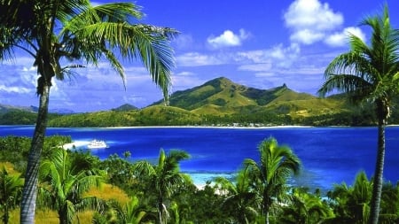 Summer Beach - mountains, clouds, cruise, river, beach, sea, nature