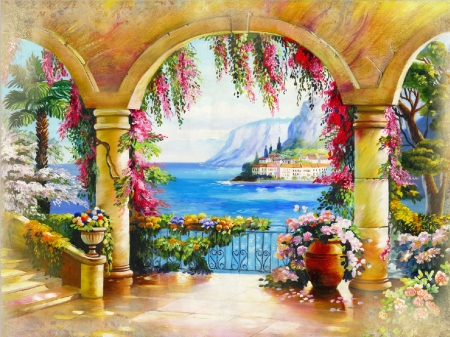 Paradise view from the arch - pretty, vase, town, coast, beautiful, mediterraneo, colroful, sea, lovely, village, flowers, view, picturesque, arch, paradise, art