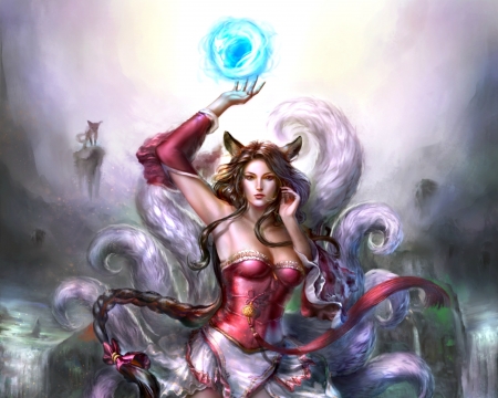 Ahri - game, league of legends, blue, fox, girl, magical, ahri, frumusete, fantasy, hand, red, nine tails, luminos