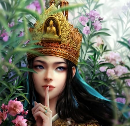 The East Queen - crown, girl, the east queen, beauty, flower, pink, frumusete, fantasy, hand, green, woman, face, luminos