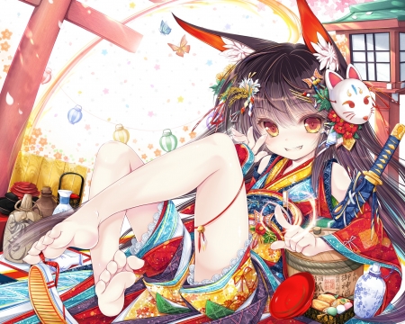 Fox girl - colorful, manga, anime, mask, fox, tenmu shinryuusai, ears, girl