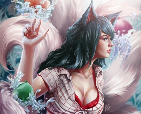 Ahri - girl, water, frumusete, summer, ball, fantasy, fox, game, hand, luminos, league of legends, nine tails, pool, ahri