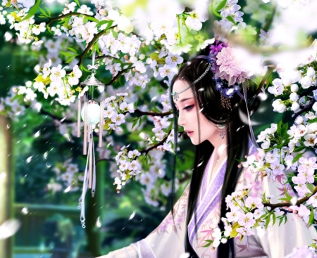 Pear flower - princess, girl, sanmandara, asian, fantasy, white, pear flower, luminos, green