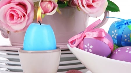 Roses & Eggs - easter, candle, light, spring, pink roses, eggs