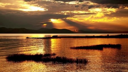 Golden Beams - sky, lake, clouds, boat, sunset, nature, mountain