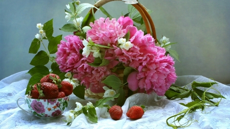 Still Life - basket, jasmine, strawberry, white, pink, still life, peonies