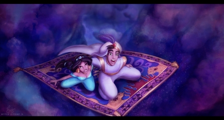 Now I'm in a whole new world with you - carpet, blue, girl, flying, jasmin, pink, man, glimpen, fantasy, fanart, princess, aladin, couple, disney, art, luminos