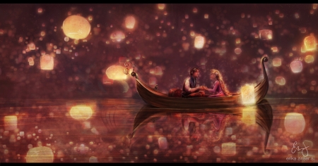 And at last I see the light - princess, tangeld, water, fantasy, fanart, glimpen, art, lantern, man, luminos, boat, couple, girl, rapunzel, light, summer, disney