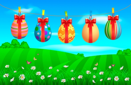 Easter Eggs - clouds, eggs, trees, butterflies, bows, grass, clothesline, Easter, flowers, daisies, clothespins, Spring, field, Easter Eggs, sky, ribbons