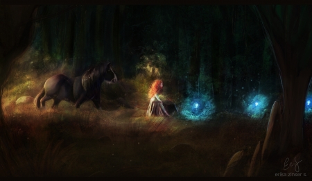 Guide you to your fate - brave, blue, merida, girl, light, glimpen, horse, dark, black, fantasy, redhead, fanart, princess, disney, art, luminos