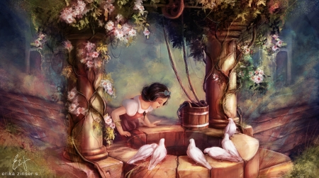 The wishing well - princess, dove, girl, fantasy, spring, bird, fanart, glimpen, art, snow white the wishing well, luminos, disney, flower