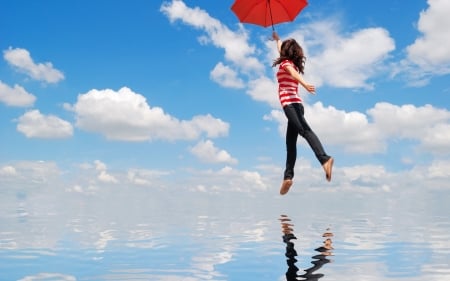 â™¥ - cloud, red, water, girl, umbrella, blue, white, creative, fantasy, reflection