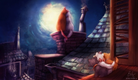 So romantic - moon, blue, aristocrats, orange, glimpen, cat, fantasy, pisica, roof, kitten, fanart, disney, art, luminos, luna