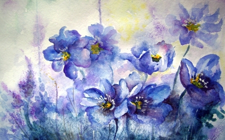 Flowers - painting, art, yellow, luminos, blue, watercolor, pictura, flower