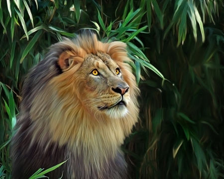 Lion - pictura, animal, green, painting, leu, digital, lion, art