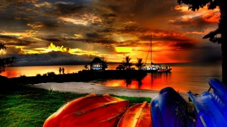 Sea Sunset - red, clouds, orange, sunset, sea, nature, boats