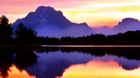 Blue Mountain - nature, sky, lake, trees, reflection, blue, mountains, sunset