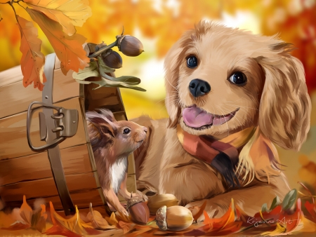 Friends - friend, animal, digital, cute, caine, lorri kajenna, art, fantasy, squirrel, bucket, leaf, orange, veverita, luminos, autumn, dog