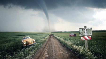 Tornado - tornado, car, situation, green, field, road, fantasy, creative