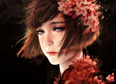 Wind of spring - face, red, sanmandara, flower, black, wind, spring, girl, art, fantasy, luminos